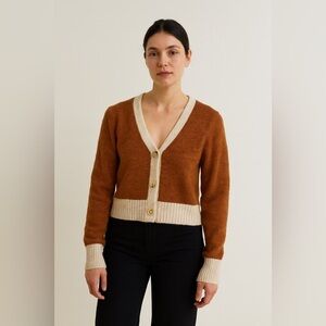 YES/LOLA Brown & Cream Button-Up Cropped Cardigan – Women’s XS